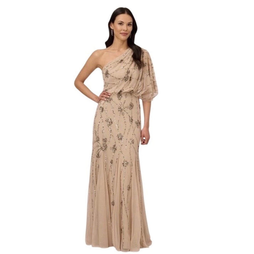 Adrianna Papell Sparkly Nude Gown SZ 18 Sequin One Shoulder Formal Gala Wedding